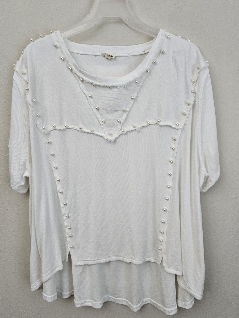 POL White Oversized Short Sleeve Top with Pearl Detail Size L (NWOT)